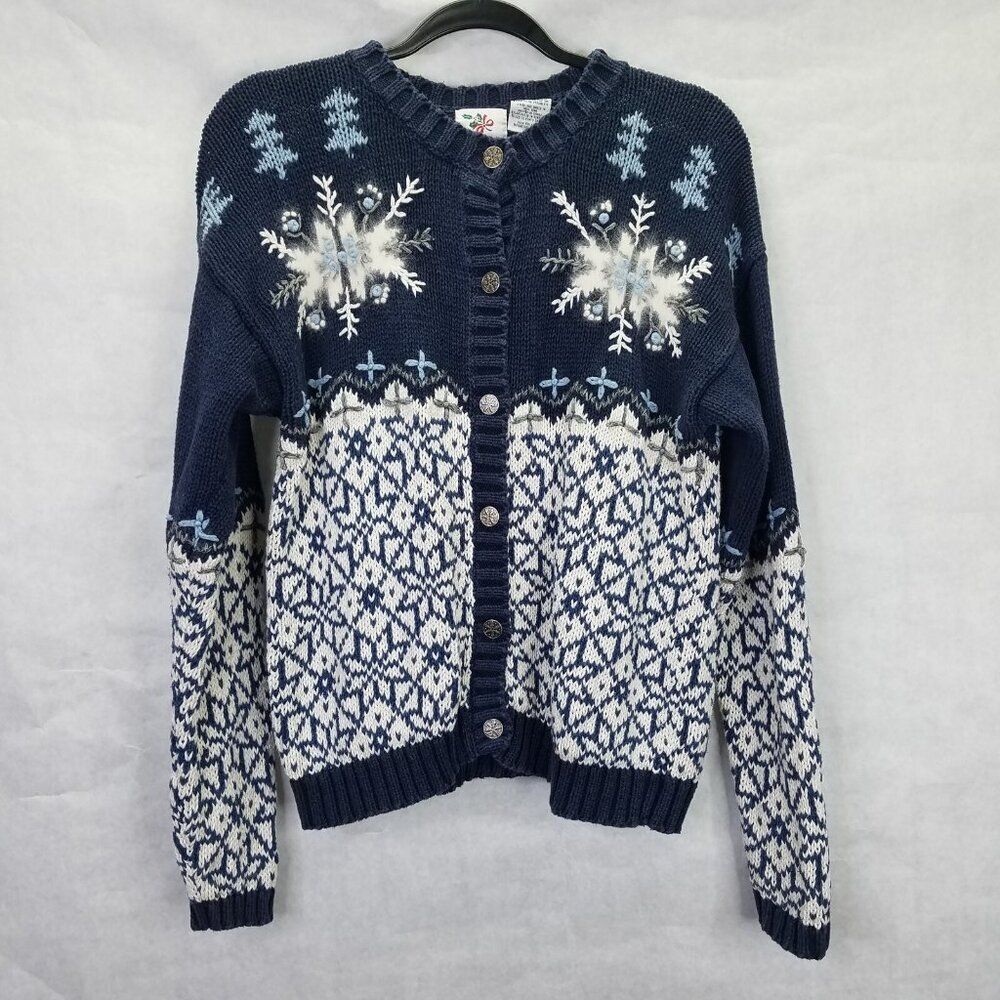 Nutcracker Cardigan M Snowflake Knit Geometric Christmas Star Winter Sweater VTG